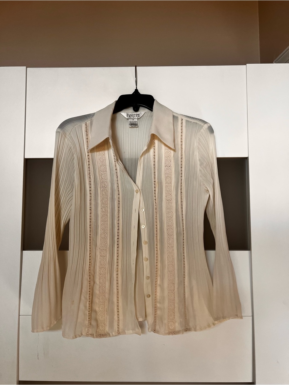 Allison Taylor Cream Button-Front Pleated Lace-Inset Blouse
